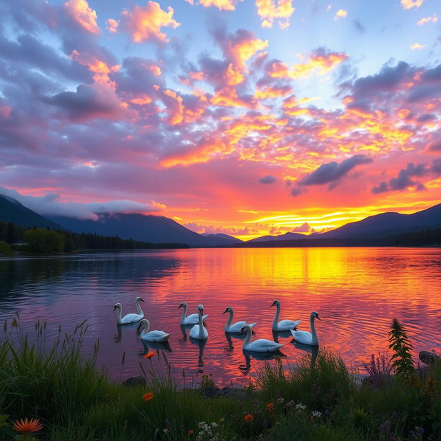 A breathtaking sunset over a serene lake, with vibrant hues of orange, pink, and purple reflecting on the water