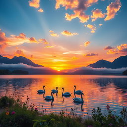 A breathtaking sunset over a serene lake, with vibrant hues of orange, pink, and purple reflecting on the water
