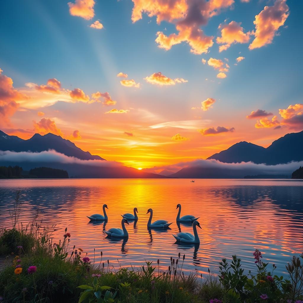 A breathtaking sunset over a serene lake, with vibrant hues of orange, pink, and purple reflecting on the water