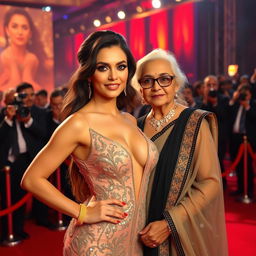 A glamorous scene at a Bollywood premiere featuring a sexy Bollywood actress in a stunning, revealing dress that accentuates her big boobs and cleavage