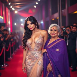 A glamorous scene at a Bollywood premiere featuring a sexy Bollywood actress in a stunning, revealing dress that accentuates her big boobs and cleavage