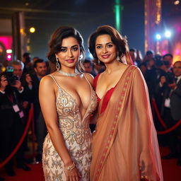 A glamorous scene at a Bollywood premiere featuring a sexy Bollywood actress in a stunning, revealing dress that accentuates her big boobs and cleavage