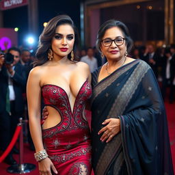 A glamorous scene at a Bollywood premiere featuring a sexy Bollywood actress in a stunning, revealing dress that accentuates her big boobs and cleavage