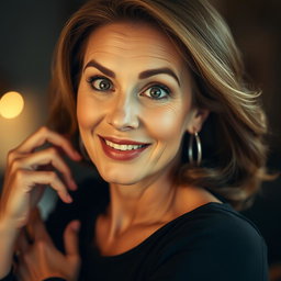 A stunning 50-year-old woman with a surprised expression, looking directly at the camera