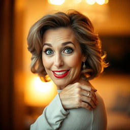 A stunning 50-year-old woman with a surprised expression, looking directly at the camera