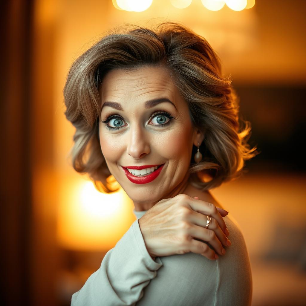 A stunning 50-year-old woman with a surprised expression, looking directly at the camera