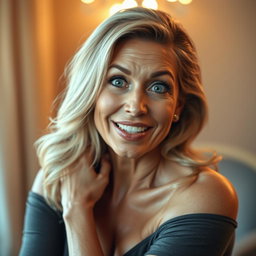 A stunning 50-year-old woman with an expression of surprise, looking directly at the camera