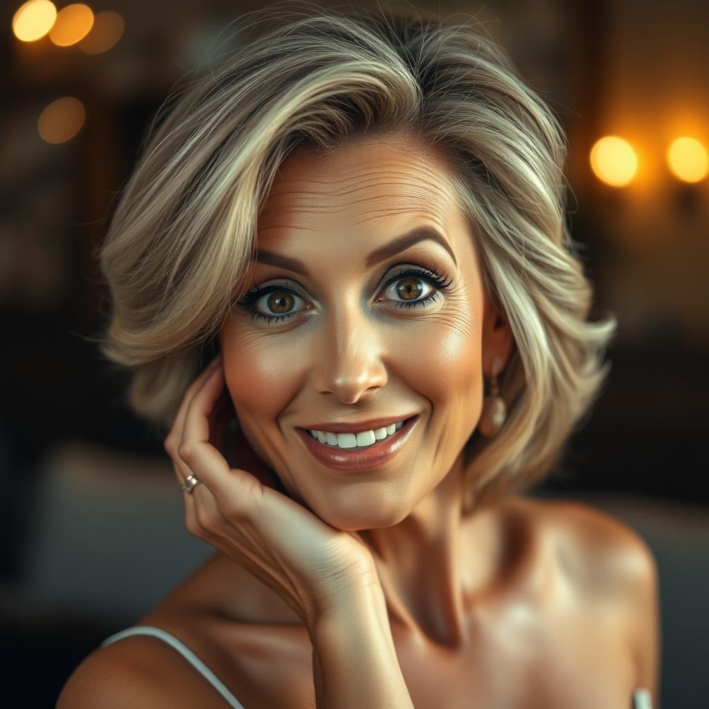 A stunning 50-year-old woman with an expression of surprise, looking directly at the camera