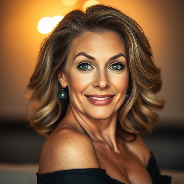 A stunning 50-year-old woman with an expression of surprise, looking directly at the camera