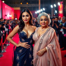 A captivating scene at a Bollywood premiere featuring a sexy Bollywood actress wearing a stunning, revealing dress that beautifully showcases her big boobs and cleavage