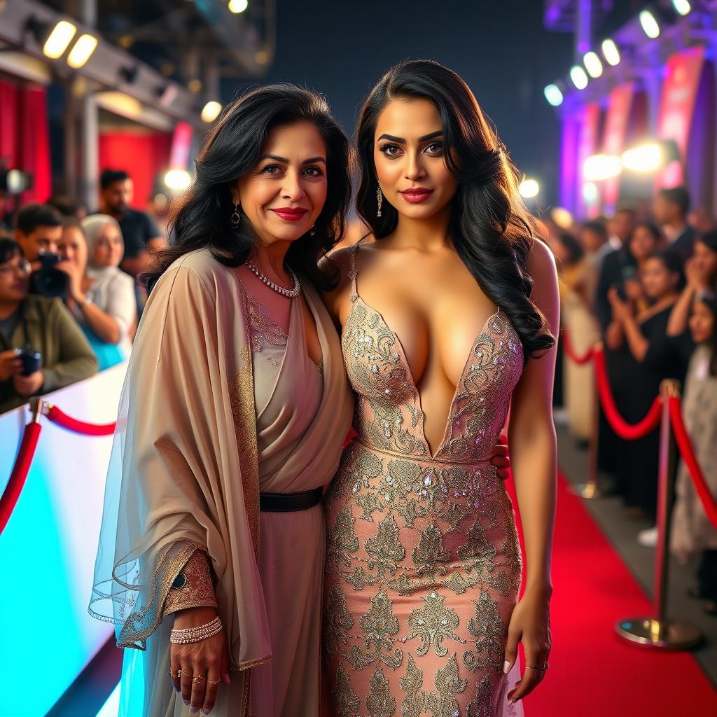 A captivating scene at a Bollywood premiere featuring a sexy Bollywood actress wearing a stunning, revealing dress that beautifully showcases her big boobs and cleavage
