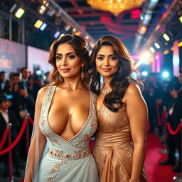 A glamorous Bollywood premiere featuring a sexy Bollywood actress in a stunning, boob-revealing dress that accentuates her big boobs and cleavage