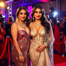A glamorous Bollywood premiere featuring a sexy Bollywood actress in a stunning, boob-revealing dress that accentuates her big boobs and cleavage