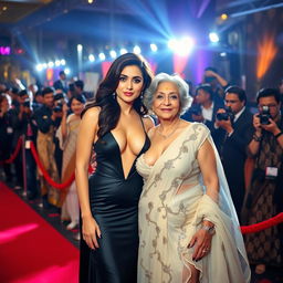 A dazzling scene at a Bollywood premiere featuring a sexy Bollywood actress in a revealing dress that highlights her big boobs and cleavage