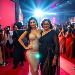 A dazzling scene at a Bollywood premiere featuring a sexy Bollywood actress in a revealing dress that highlights her big boobs and cleavage