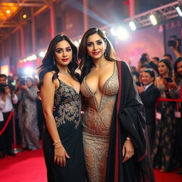 A dazzling scene at a Bollywood premiere featuring a sexy Bollywood actress in a revealing dress that highlights her big boobs and cleavage