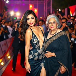 A dazzling scene at a Bollywood premiere featuring a sexy Bollywood actress in a revealing dress that highlights her big boobs and cleavage