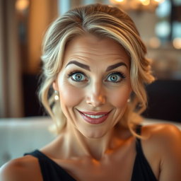 A gorgeous 50-year-old woman with a look of surprise, facing the camera directly
