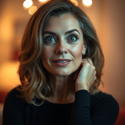 A gorgeous 50-year-old woman with a look of surprise, facing the camera directly