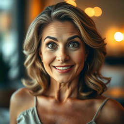 A gorgeous 50-year-old woman with a look of surprise, facing the camera directly