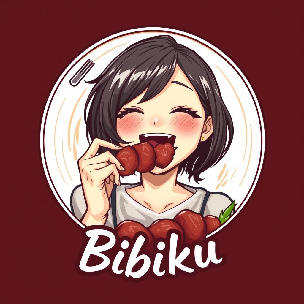 A realistic illustration of a close-up of a girl joyfully biting into a meat skewer