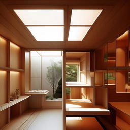 A cross-section photograph of an ultra-detailed, ultra-minimalist Japandi style interior in an editorial context