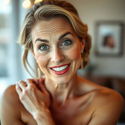 A beautiful 50-year-old woman with an expression of surprise, facing the camera directly