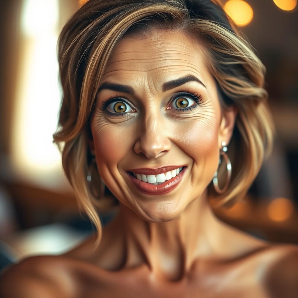 A beautiful 50-year-old woman with an expression of surprise, facing the camera directly
