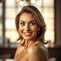 A beautiful 50-year-old woman with an expression of surprise, facing the camera directly