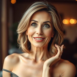 A beautiful 50-year-old woman with an expression of surprise, facing the camera directly