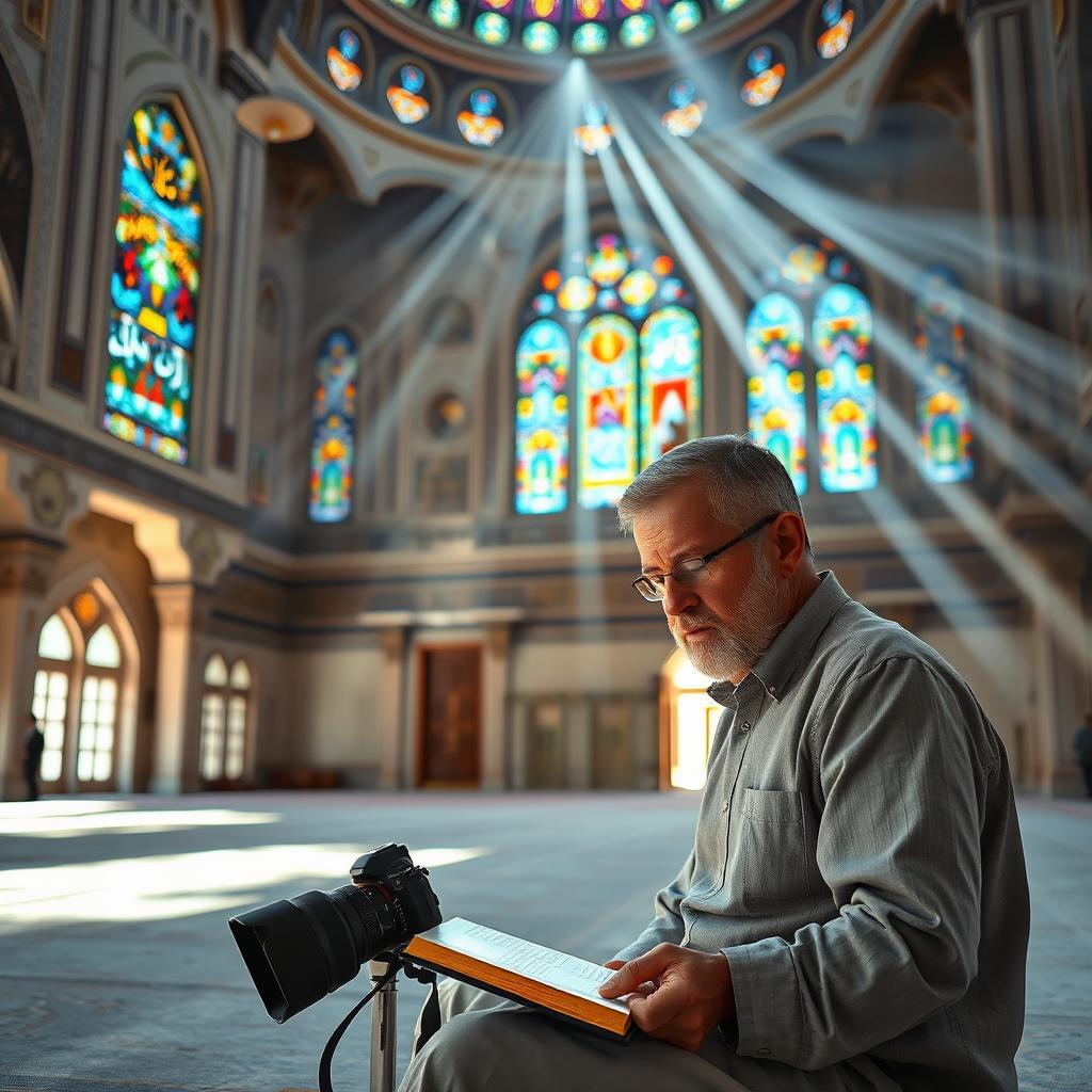 A serene scene inside a beautifully lit mosque, featuring a photographer sitting peacefully while reading the Quran