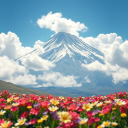 A stunning 3D landscape of Mount Damavand towering majestically amidst fluffy, white clouds, surrounded by a vibrant carpet of beautiful spring flowers in full bloom