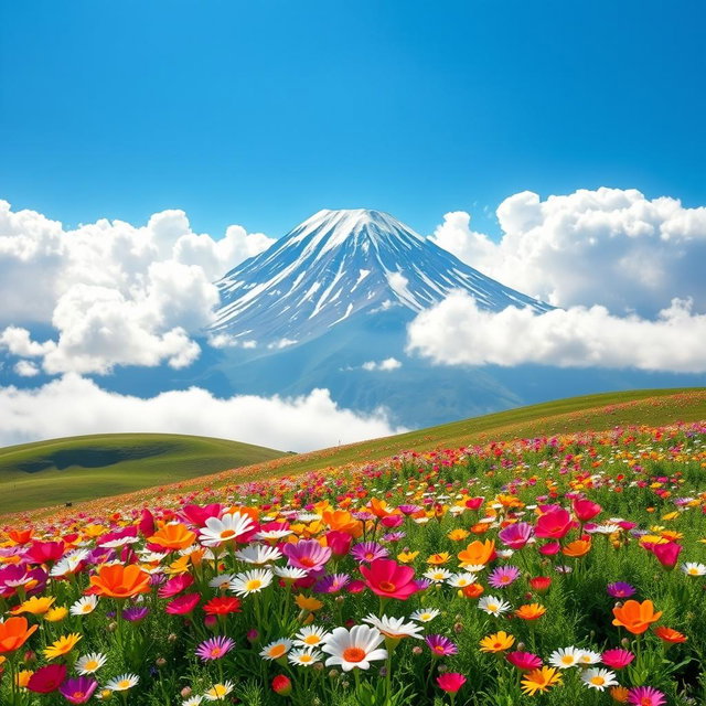 A stunning 3D landscape of Mount Damavand towering majestically amidst fluffy, white clouds, surrounded by a vibrant carpet of beautiful spring flowers in full bloom
