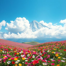 A stunning 3D landscape of Mount Damavand towering majestically amidst fluffy, white clouds, surrounded by a vibrant carpet of beautiful spring flowers in full bloom