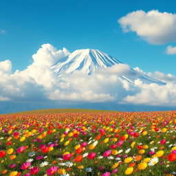 A stunning 3D landscape of Mount Damavand towering majestically amidst fluffy, white clouds, surrounded by a vibrant carpet of beautiful spring flowers in full bloom