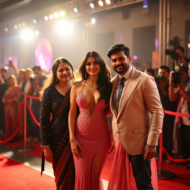 A dazzling scene at a Bollywood premiere featuring a sexy Bollywood actress in a stunning, revealing dress that showcases her big boobs and cleavage