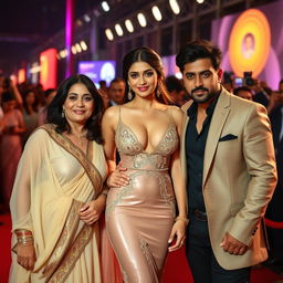 A dazzling scene at a Bollywood premiere featuring a sexy Bollywood actress in a stunning, revealing dress that showcases her big boobs and cleavage