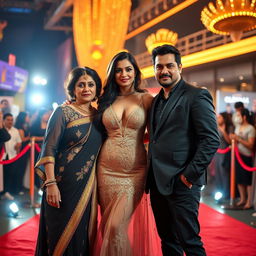 A dazzling scene at a Bollywood premiere featuring a sexy Bollywood actress in a stunning, revealing dress that showcases her big boobs and cleavage