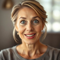 A beautiful 50-year-old woman with a surprised expression, facing the camera directly