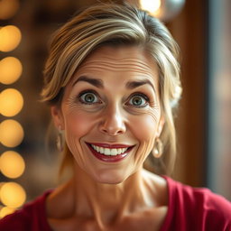 A beautiful 50-year-old woman with a surprised expression, facing the camera directly