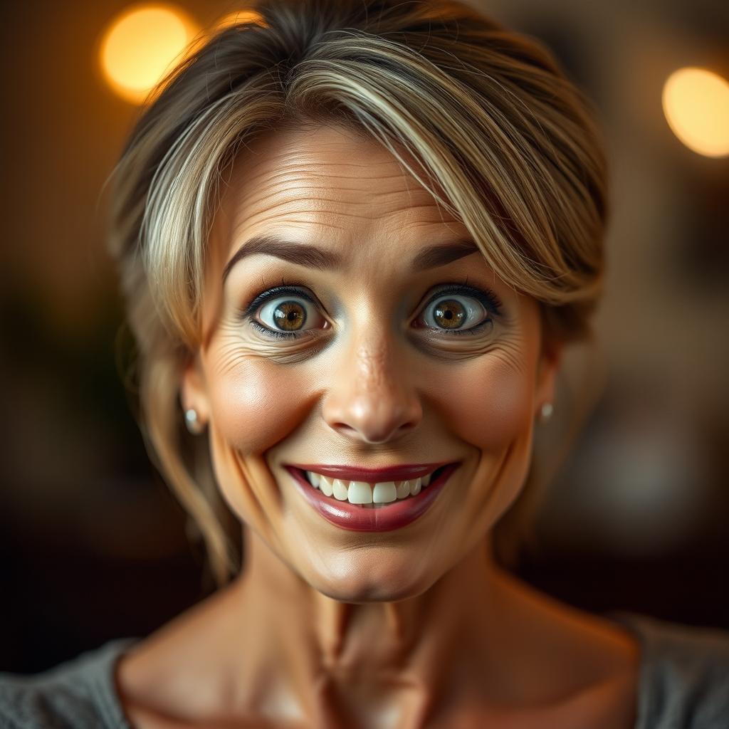 A beautiful 50-year-old woman with a surprised expression, facing the camera directly