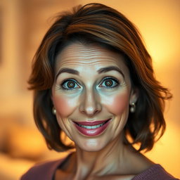 A beautiful 50-year-old woman with a surprised expression, facing the camera directly