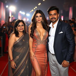 A glamorous Bollywood premiere featuring a sexy Bollywood actress in a strikingly revealing dress that highlights her big boobs and cleavage