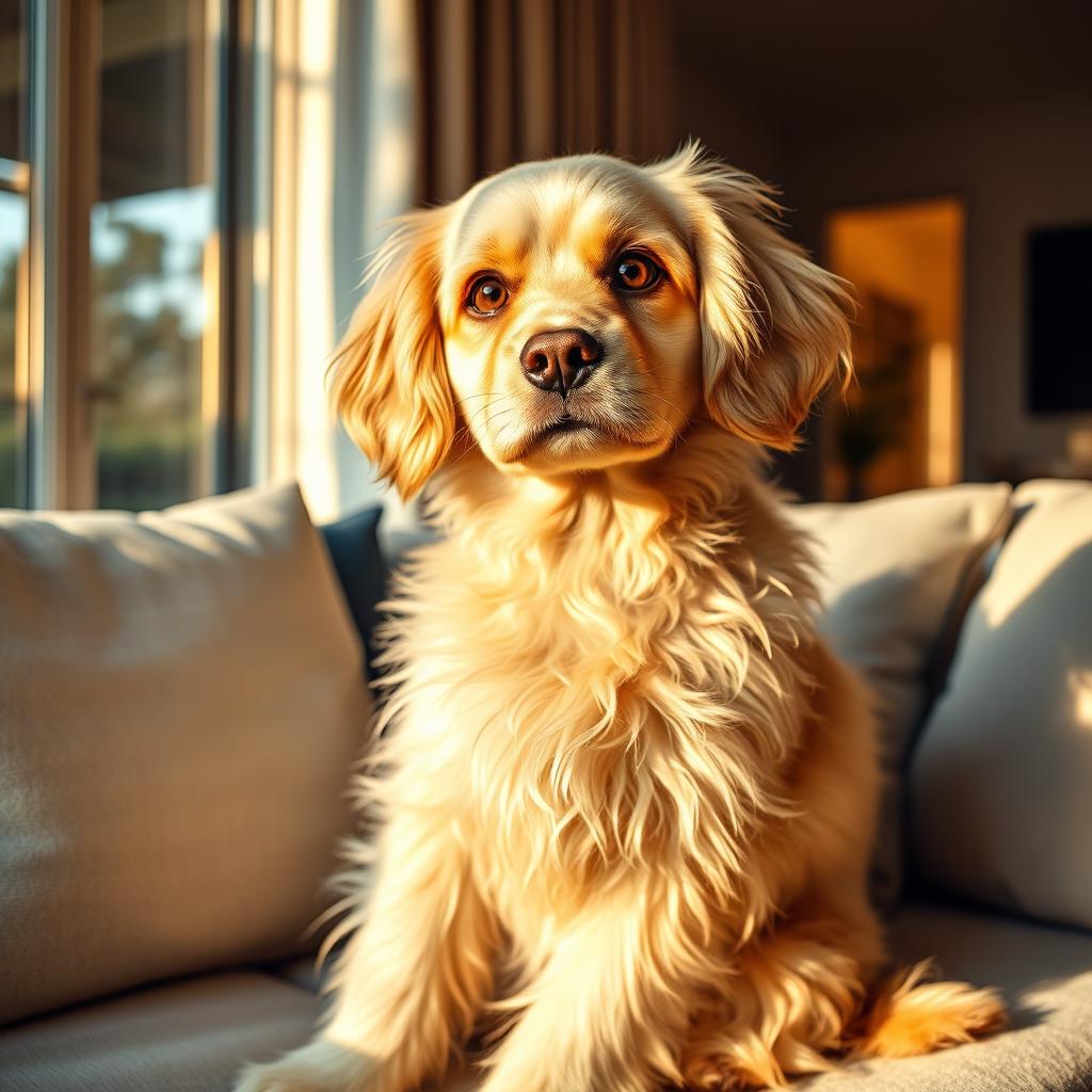Create an image of a stunning and rare household dog with a luxurious, fluffy coat that shimmers in soft shades of cream and gold