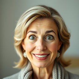 A beautiful 50-year-old woman with a surprised expression, facing the camera directly