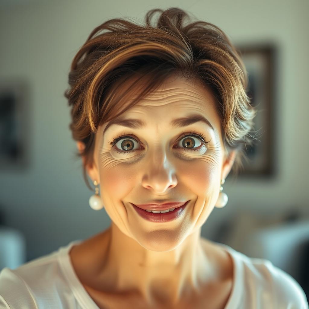A beautiful 50-year-old woman with a surprised expression, facing the camera directly