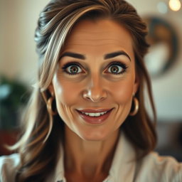 A beautiful 50-year-old woman with a surprised expression, facing the camera directly