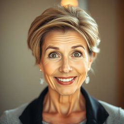 A beautiful 50-year-old woman with a surprised expression, facing the camera directly