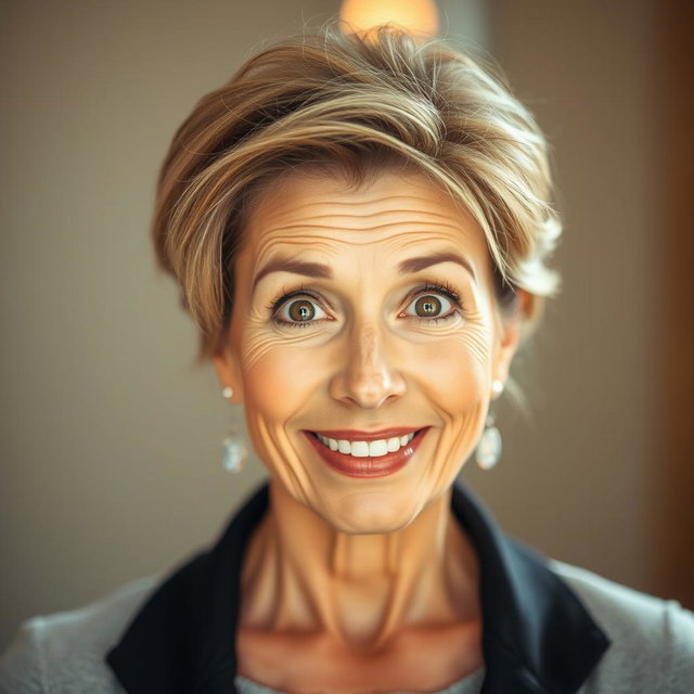 A beautiful 50-year-old woman with a surprised expression, facing the camera directly