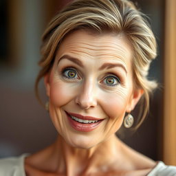 A stunning 50-year-old woman with a surprised expression, looking directly at the camera